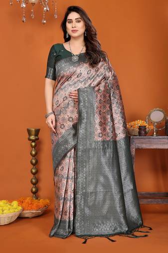 orange green  soft art silk blend banarasi jacuard work designer party wear saree with unstitched blouse piece