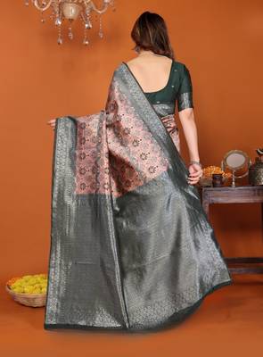 orange green silk blend banarasi saree with unstitched blouse piece 3