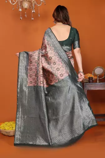 orange green silk blend banarasi saree with unstitched blouse piece