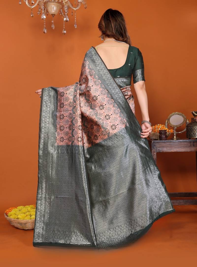 orange green silk blend banarasi saree with unstitched blouse piece