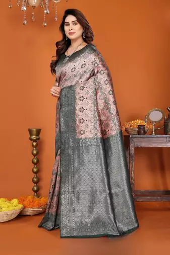 orange green silk blend banarasi saree with unstitched blouse piece