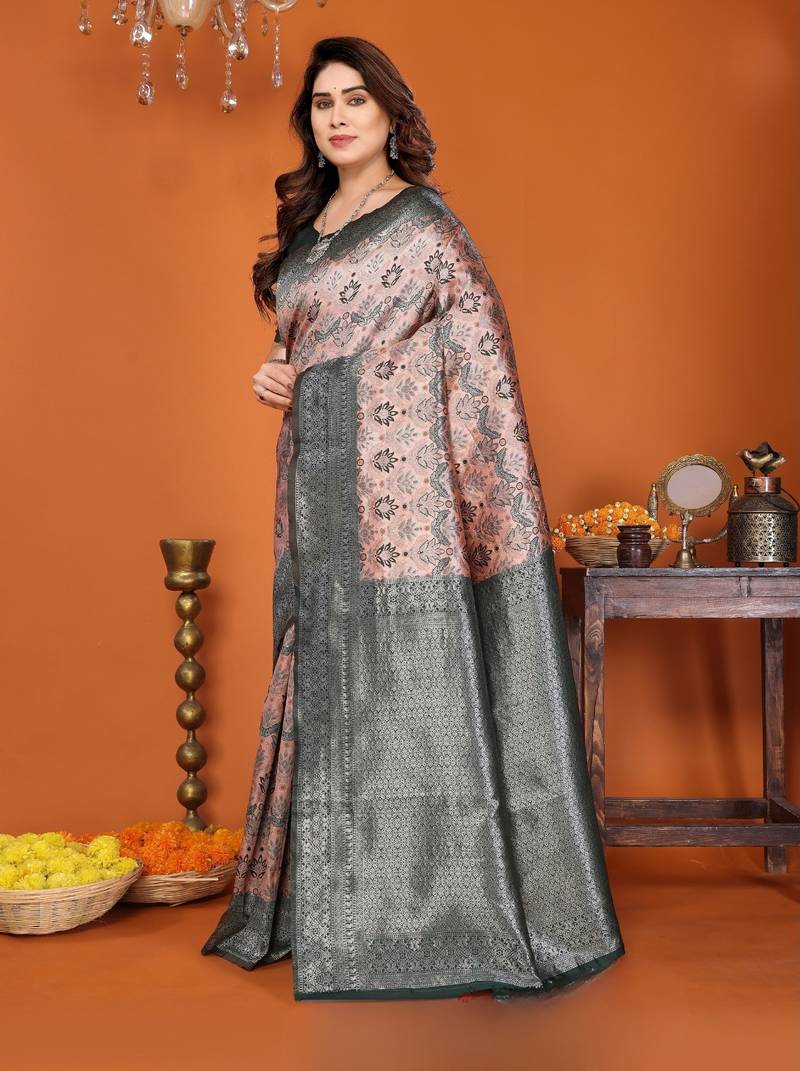 orange green silk blend banarasi saree with unstitched blouse piece