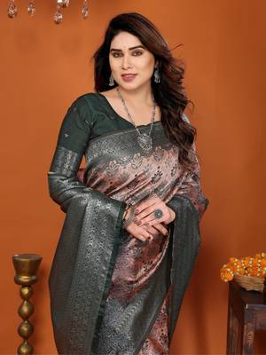 orange green silk blend banarasi saree with unstitched blouse piece 1