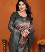 orange green silk blend banarasi saree with unstitched blouse piece
