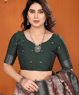 orange green silk blend banarasi saree with unstitched blouse piece 5