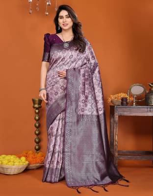 pink wine silk blend banarasi saree with unstitched blouse piece 1