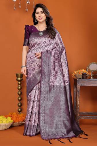 pink wine  soft art silk blend banarasi jacuard work designer party wear saree with unstitched blouse piece