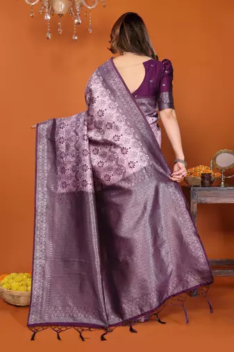 pink wine silk blend banarasi saree with unstitched blouse piece