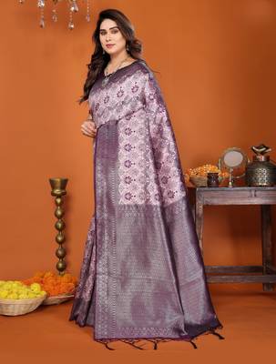pink wine silk blend banarasi saree with unstitched blouse piece 3