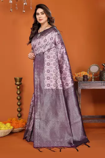 pink wine silk blend banarasi saree with unstitched blouse piece