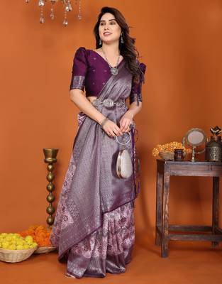 pink wine silk blend banarasi saree with unstitched blouse piece 4