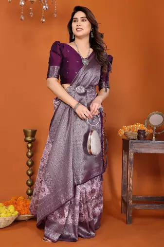 pink wine silk blend banarasi saree with unstitched blouse piece