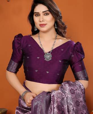 pink wine silk blend banarasi saree with unstitched blouse piece 5