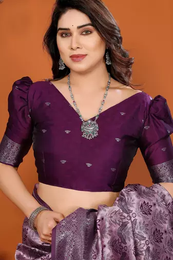 pink wine silk blend banarasi saree with unstitched blouse piece