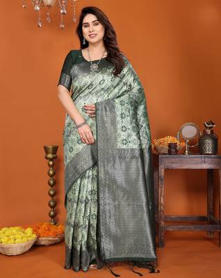 pista green silk blend banarasi saree with unstitched blouse piece 1