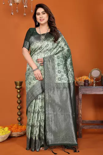 pista green  soft art silk blend banarasi jacuard work designer party wear saree with unstitched blouse piece