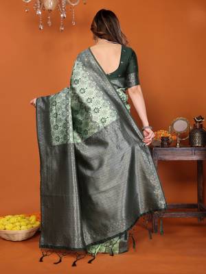 pista green silk blend banarasi saree with unstitched blouse piece 2
