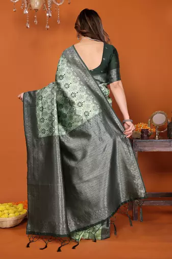 pista green silk blend banarasi saree with unstitched blouse piece
