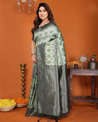 pista green silk blend banarasi saree with unstitched blouse piece 3