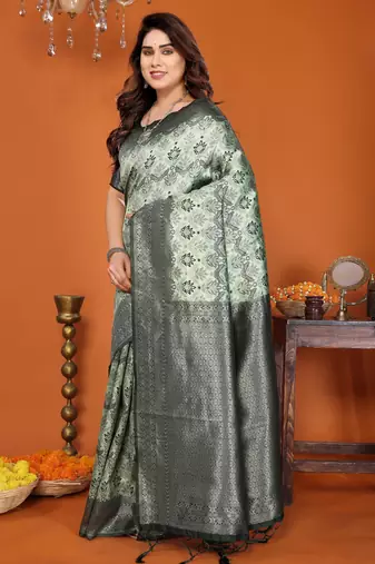 pista green silk blend banarasi saree with unstitched blouse piece