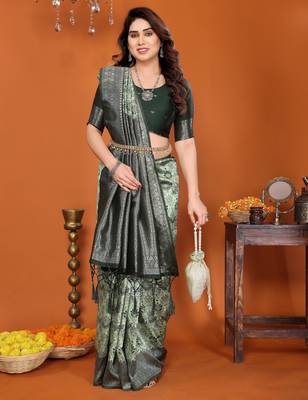 pista green silk blend banarasi saree with unstitched blouse piece 4