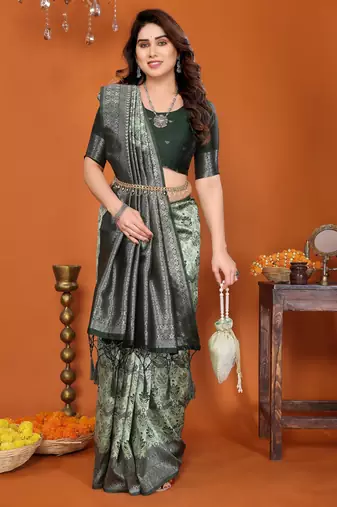 pista green silk blend banarasi saree with unstitched blouse piece