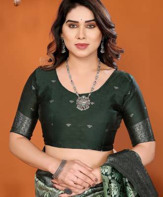 pista green silk blend banarasi saree with unstitched blouse piece 5