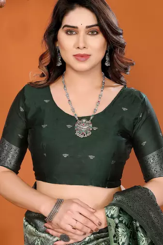 pista green silk blend banarasi saree with unstitched blouse piece