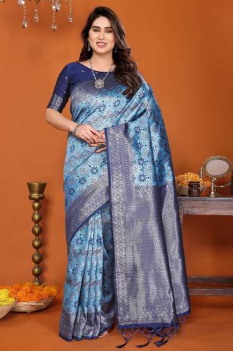 sky blue  soft art silk blend banarasi jacuard work designer party wear saree with unstitched blouse piece