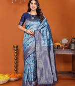 sky blue  soft art silk blend banarasi jacuard work designer party wear saree with unstitched blouse piece