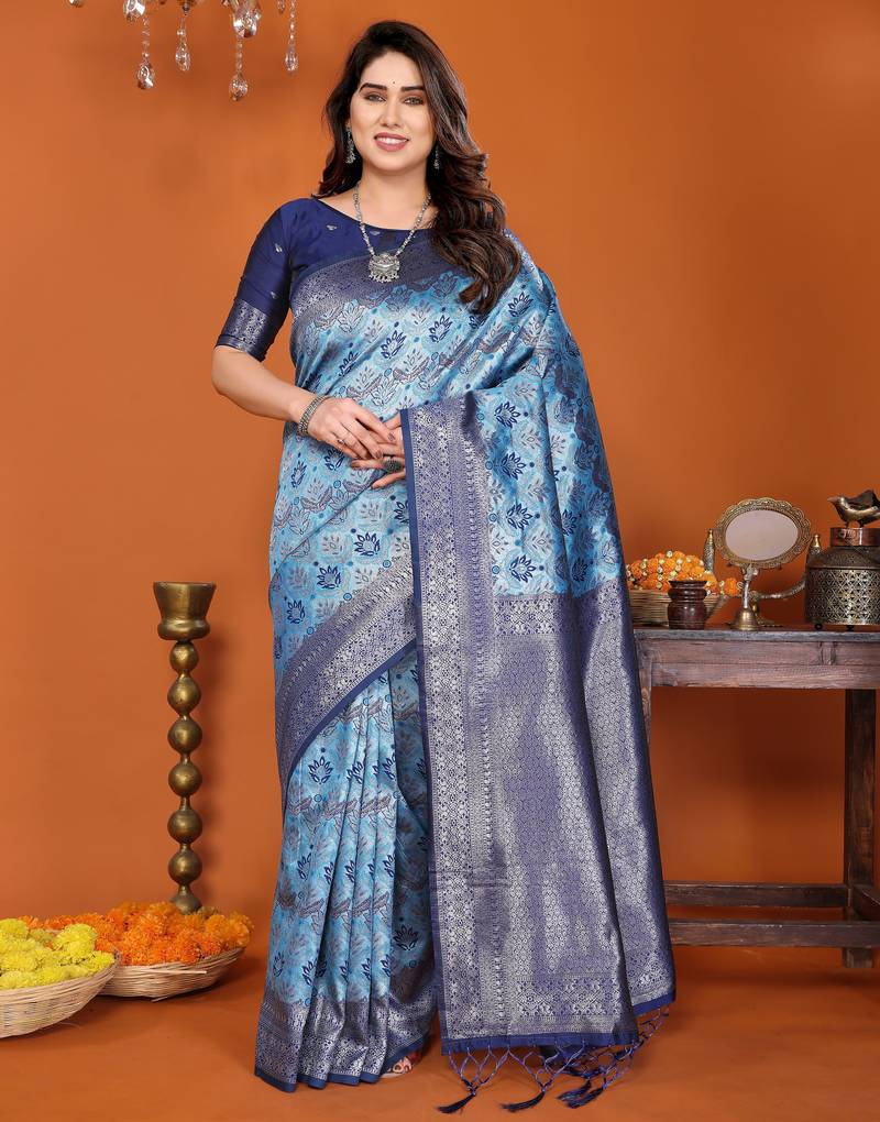 sky blue  soft art silk blend banarasi jacuard work designer party wear saree with unstitched blouse piece