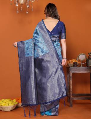 sky blue silk blend banarasi saree with unstitched blouse piece 2