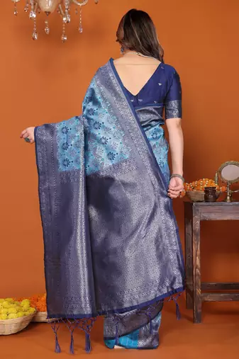 sky blue silk blend banarasi saree with unstitched blouse piece