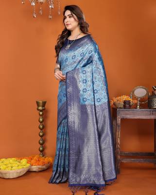 sky blue silk blend banarasi saree with unstitched blouse piece 3