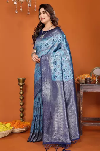 sky blue silk blend banarasi saree with unstitched blouse piece