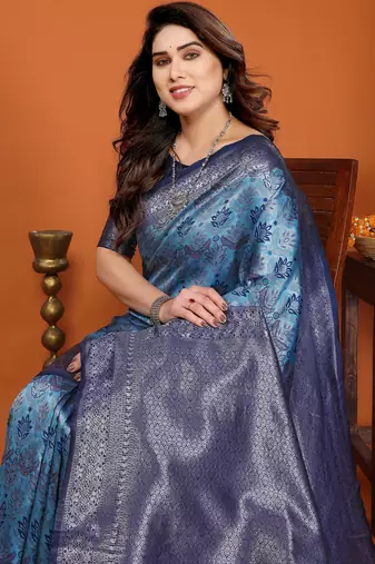 sky blue silk blend banarasi saree with unstitched blouse piece
