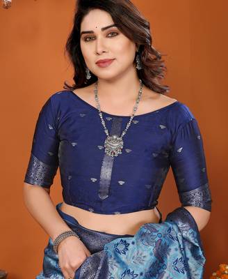 sky blue silk blend banarasi saree with unstitched blouse piece 5