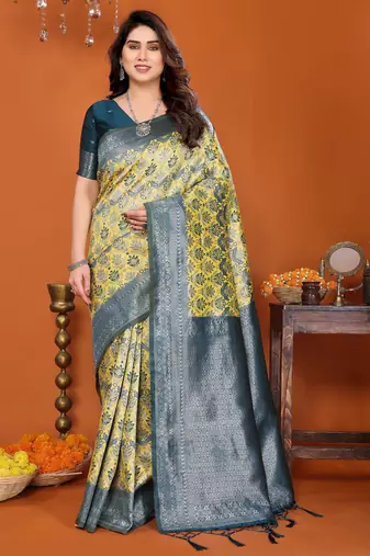 yellow morpich  soft art silk blend banarasi jacuard work designer party wear saree with unstitched blouse piece