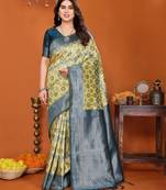 yellow morpich  soft art silk blend banarasi jacuard work designer party wear saree with unstitched blouse piece