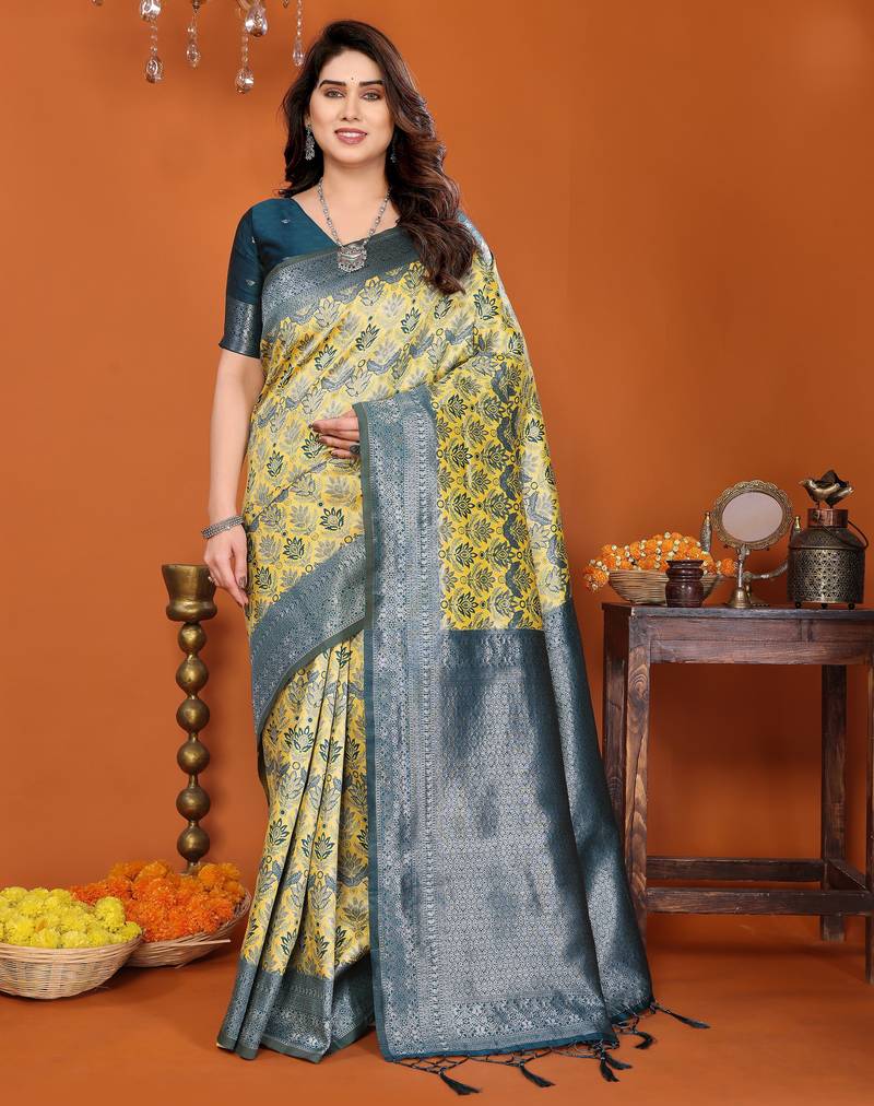 yellow morpich  soft art silk blend banarasi jacuard work designer party wear saree with unstitched blouse piece