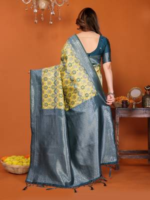 yellow morpich silk blend banarasi saree with unstitched blouse piece 3