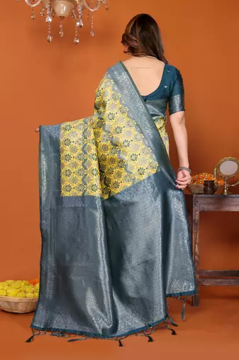 yellow morpich silk blend banarasi saree with unstitched blouse piece