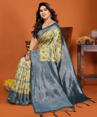 yellow morpich silk blend banarasi saree with unstitched blouse piece 1