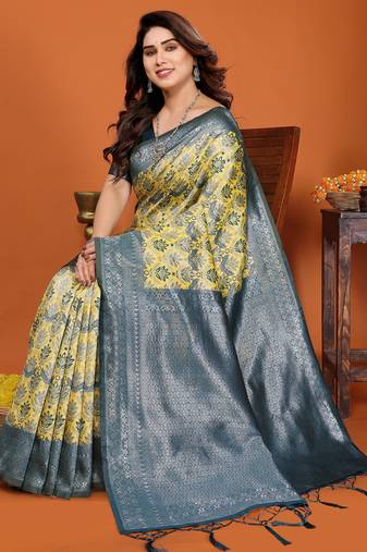 yellow morpich  soft art silk blend banarasi jacuard work designer party wear saree with unstitched blouse piece