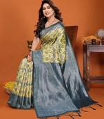 yellow morpich silk blend banarasi saree with unstitched blouse piece
