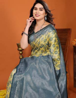 yellow morpich silk blend banarasi saree with unstitched blouse piece 4
