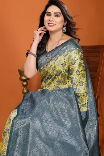 yellow morpich silk blend banarasi saree with unstitched blouse piece