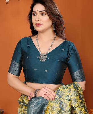 yellow morpich silk blend banarasi saree with unstitched blouse piece 5