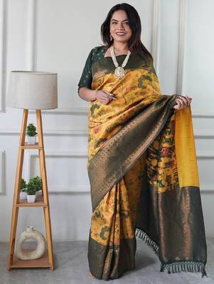 yellow green silk blend banarasi saree with unstitched blouse piece 2