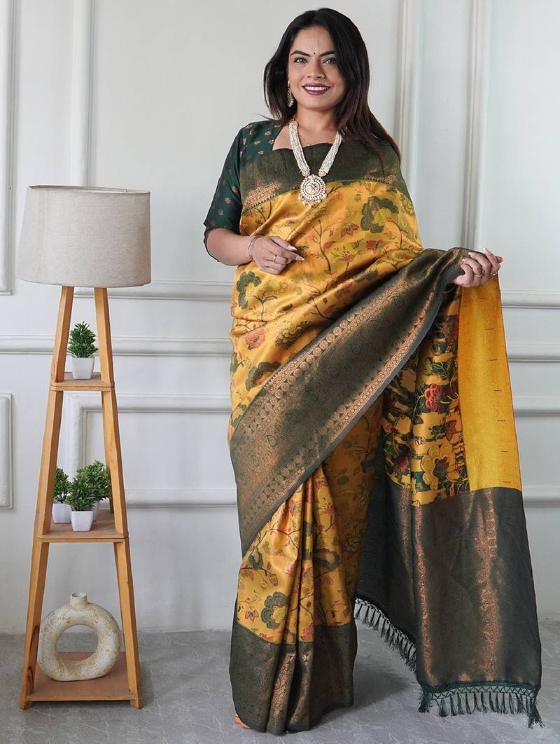 yellow green  soft art silk blend banarasi jacuard work designer party wear saree with unstitched blouse piece